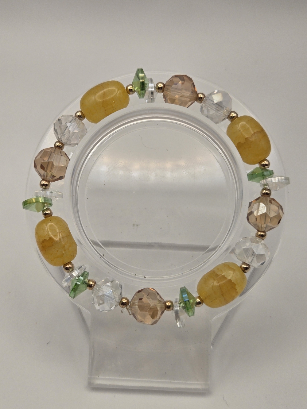 10mm Hand Crafted Glass Yellow Bead Stretch Bracelet with Clear/ Green Accents
